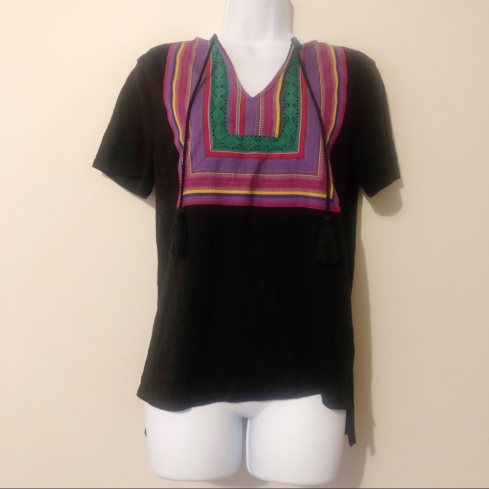 Buffalo David Bitton Black Women’s Top with Multicolor Serape Patch V Neck Area
